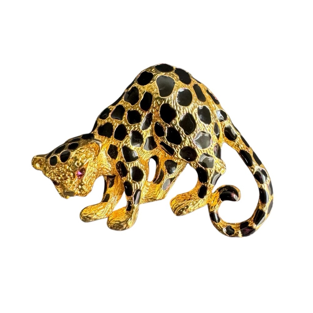 Vintage Leopard Brooch Gold Tone Cheetah Pin Enamel Purple‎ Rhinestone Park Lane